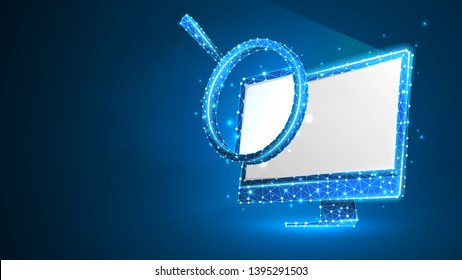 Magnifying glass on white computer monitor. Internet surfing, Analysis, Search symbol. Abstract digital wireframe, low poly mesh, polygonal vector blue neon 3d illustration. Triangle, line, dot