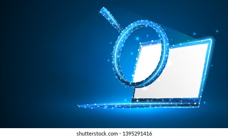 Magnifying glass on white laptop screen. Business, Internet surfing, Analysis, Search symbol. Abstract digital wireframe, low poly mesh, polygonal vector blue neon 3d illustration. Triangle, line, dot