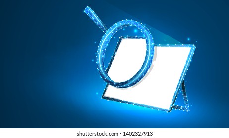 Magnifying glass on white screen of Graphic Tablet. Internet surfing, Analysis, Search symbol. Abstract digital wireframe, low poly mesh, polygonal vector blue neon 3d illustration. Triangle, line dot