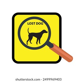 Magnifying glass on a yellow square with the silhouette of a dog and the text lost dog
