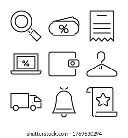magnifying glass and online shopping icon set over white background, line style, vector illustration