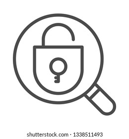Magnifying glass with opened padlock icon and on white background