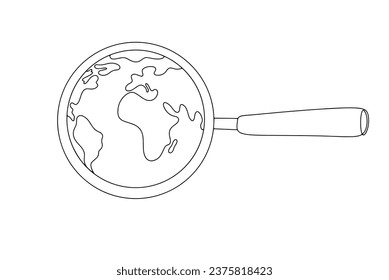 A magnifying glass with the outline of the Earth inside. Scientific study of the environment. World Science Day. One line drawing for different uses. Vector illustration.