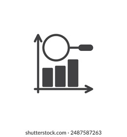 Lupe über einem Balkendiagramm-Vektorgrafik-Symbol. Gefülltes flaches Schild für mobiles Konzept und Webdesign. Glyphensymbol für Marktforschung. Symbol, Logo-Darstellung. Vektorgrafik-Grafiken