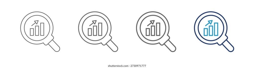 Lupa sobre un ícono de Vector de gráfico de barras. letrero plano lleno para concepto móvil y Diseño web. Análisis SEO en estilo de línea e icono de color azul. Símbolo, ilustración del logotipo. Gráficos de Vector