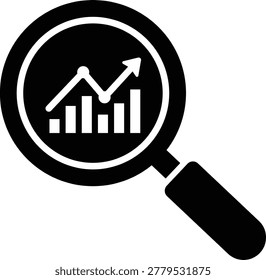 Magnifying glass over bar chart with upward trending line graph growth