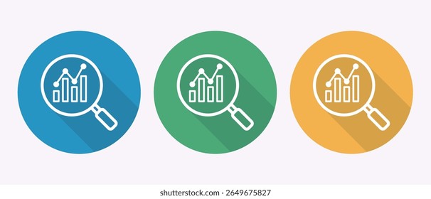 Magnifying glass over bar graph and line chart icons in three different colored circles