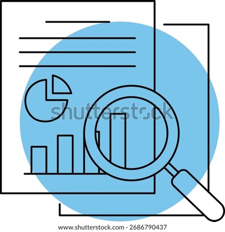 Magnifying glass over bar and pie charts on document analysis data