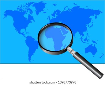 Magnifying glass over blue World Map