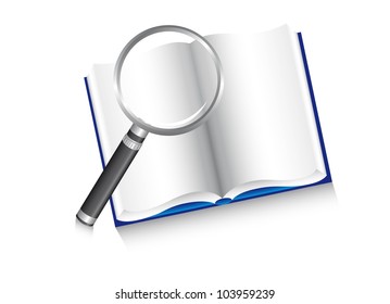 magnifying glass over book, search. vector illustration