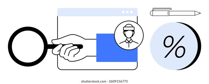 Magnifying glass over browser window, user profile, percentage sign, pen. Ideal for data analysis, research, business strategy, user studies, financial reporting, marketing, technology. Line metaphor