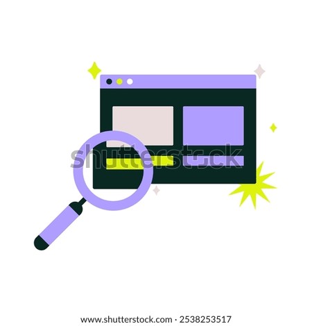 Magnifying Glass Over Browser Window In Flat Vector Illustration Symbolizing Search And Discovery, Isolated On White Background