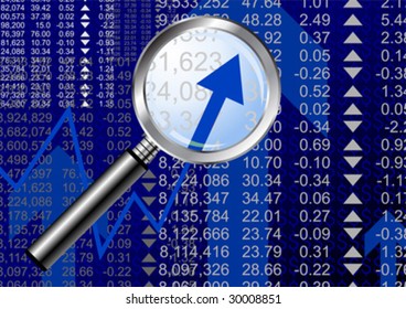 Magnifying glass over bullish sentiment trade chart