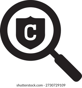 Lupa sobre el escudo 'c' para el icono de Intel del competidor aislado en el fondo blanco, ilustración