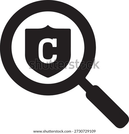 Magnifying glass over 'c' shield for competitor intel icon isolated on white background, illustration
