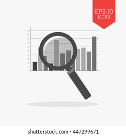 Magnifying glass over chart icon. Analysis concept. Flat design gray color symbol. Modern UI web navigation, sign. Illustration element