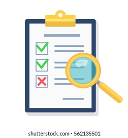 Magnifying glass over clipboard with document.Signed agreement. Vector flat illustration.