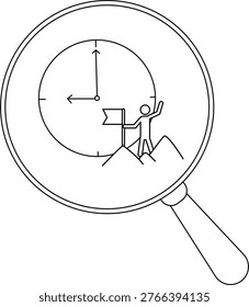 Magnifying glass over a clock showing 900 with a figure standing on a mountain waving a flag