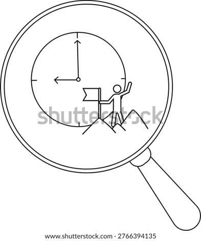 Magnifying glass over a clock showing 900 with a figure standing on a mountain waving a flag