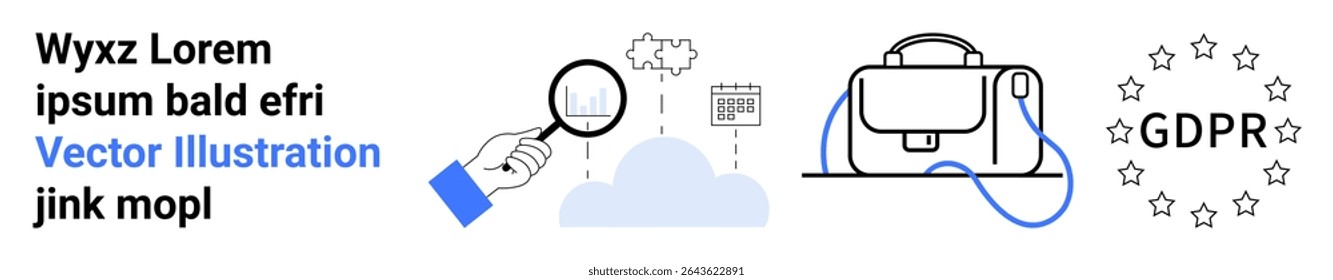 Magnifying glass over cloud, briefcase with ID card, GDPR stars. Ideal for data privacy, cyber security, business compliance, legal services, cloud storage, European law, technology. Landing page