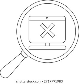 Magnifying glass over computer screen with an X symbol