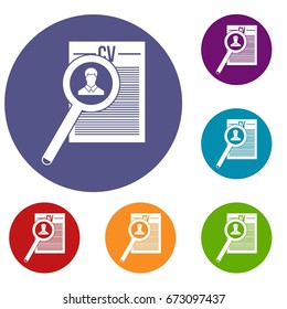 Magnifying glass over curriculum vita icons set in flat circle reb, blue and green color for web