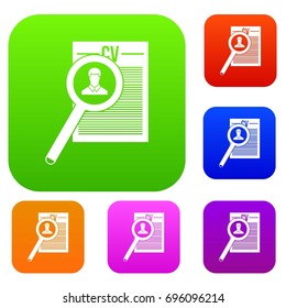 Magnifying glass over curriculum vita set icon in different colors isolated vector illustration. Premium collection