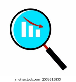 Magnifying glass over declining bar chart symbolizing market downturn analysis.