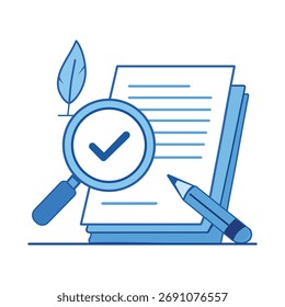 Lupa sobre el documento con la marca de verificación aislada en el fondo blanco, simbolizando el proceso de verificación