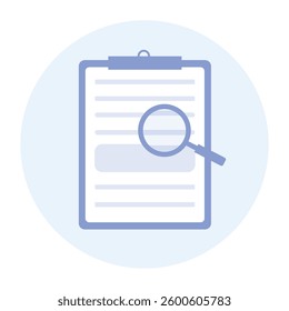 Magnifying glass over document on clipboard. Symbol of research, analysis, and information search. Vector illustration in flat style.
