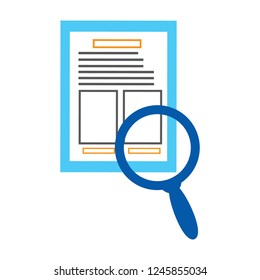 Magnifying glass over document. Paper financial symbol in flat style.