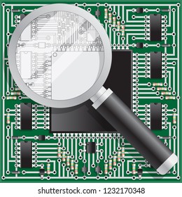 Magnifying glass over electronic circuit board. View from above. Vector illustration. 