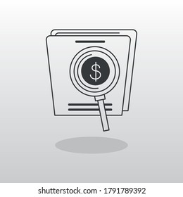 Magnifying glass over financial report  data analysis isolated icon