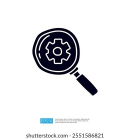 Uma lupa sobre um símbolo de engrenagem, representando o conceito de inspeção ou análise em um contexto técnico ou mecânico.