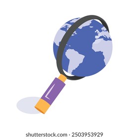 A magnifying glass over the globe, symbolizing isometric icon of global search and exploration