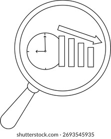 La lupa sobre el gráfico y las barras del reloj disminuyen bajo una presión de tiempo de flecha hacia abajo