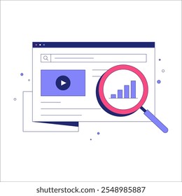 Lupe auf Graph auf Web-Oberfläche in flacher Vektorgrafik, die Online-Analytik und Leistungsüberwachung symbolisiert, einzeln auf weißem Hintergrund.