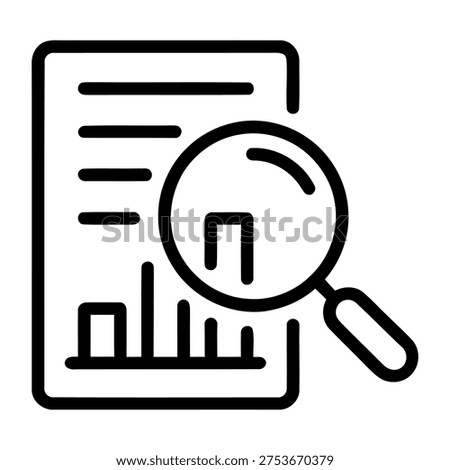 Magnifying glass over graph paper - data analysis, research and business growth icon, line art