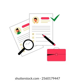 Magnifying Glass Over Job Resumes With A Pen And Red Briefcase In Flat Vector Illustration Symbolizing Recruitment, Job Search, And Human Resources, Isolated On White Background