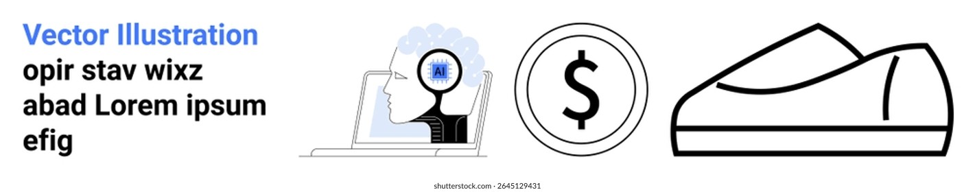 Magnifying glass over a laptop screen, dollar currency symbol, and a shoe outline. Ideal for e-commerce, shopping, finance, online business, digital marketing, retail, product listing. Landing page