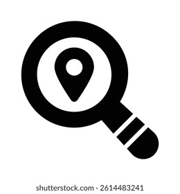 Magnifying glass over a location marker, representing map search.