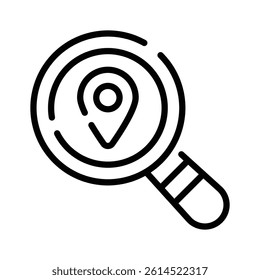 Magnifying glass over a location marker, representing map search.