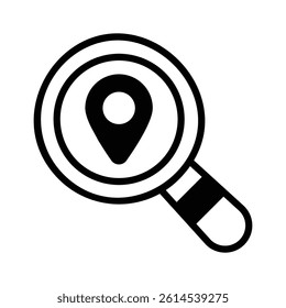 Magnifying glass over a location marker, representing map search.