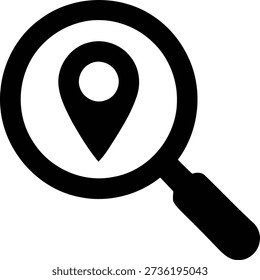 A magnifying glass over a location pin, symbolizing search and discovery. This icon represents finding a destination, local search services, and navigation. It is perfect for travel websites and directory apps to help users locate specific addresses or points of interest.