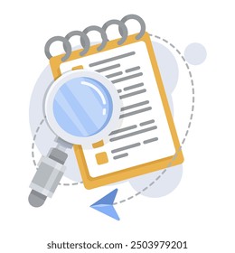 Magnifying glass over notepad with checklist on white background. Vector illustration