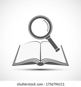 Magnifying glass over an open book. Bookstore icon. Isolated on a white background. Vector logo