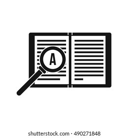 Magnifying glass over open book icon in simple style on a white background vector illustration