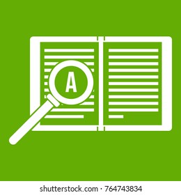 Magnifying glass over open book icon white isolated on green background. Vector illustration