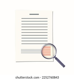 Magnifying glass over paper with text. Isolated on white background. Concept of careful reading the fine print in contract. Realistic Vector illustration.