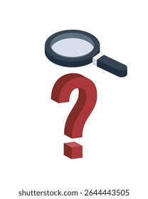 Magnifying glass over a question mark symbolizes the act of searching for answers, exploring the unknown, or investigating a mystery